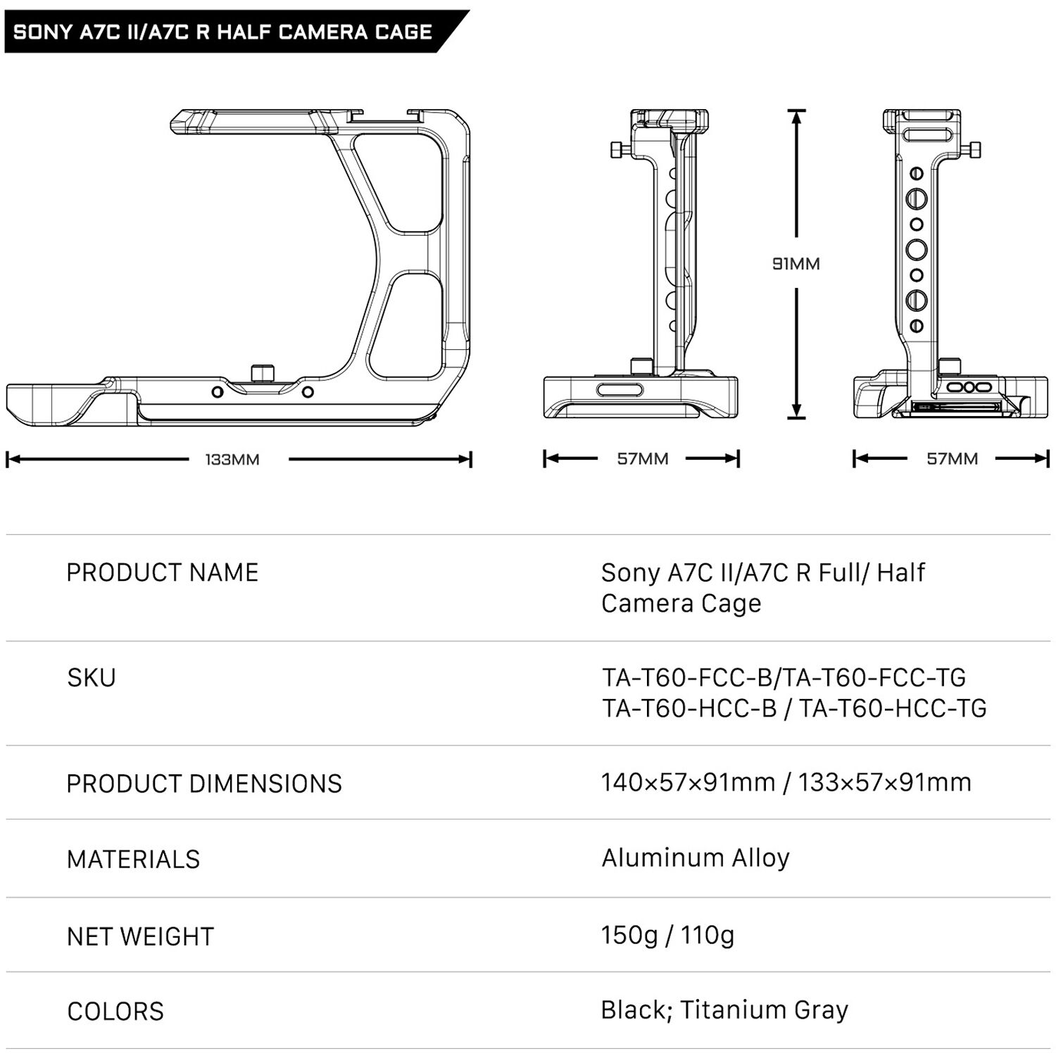 Tilta Half Camera Cage for Sony a7C II & a7CR (Titanium Gray)