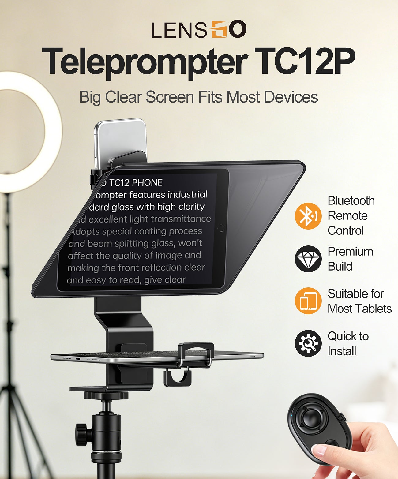 LENSGO TC12P Teleprompter for Smartphone and Tablets Video and Recording