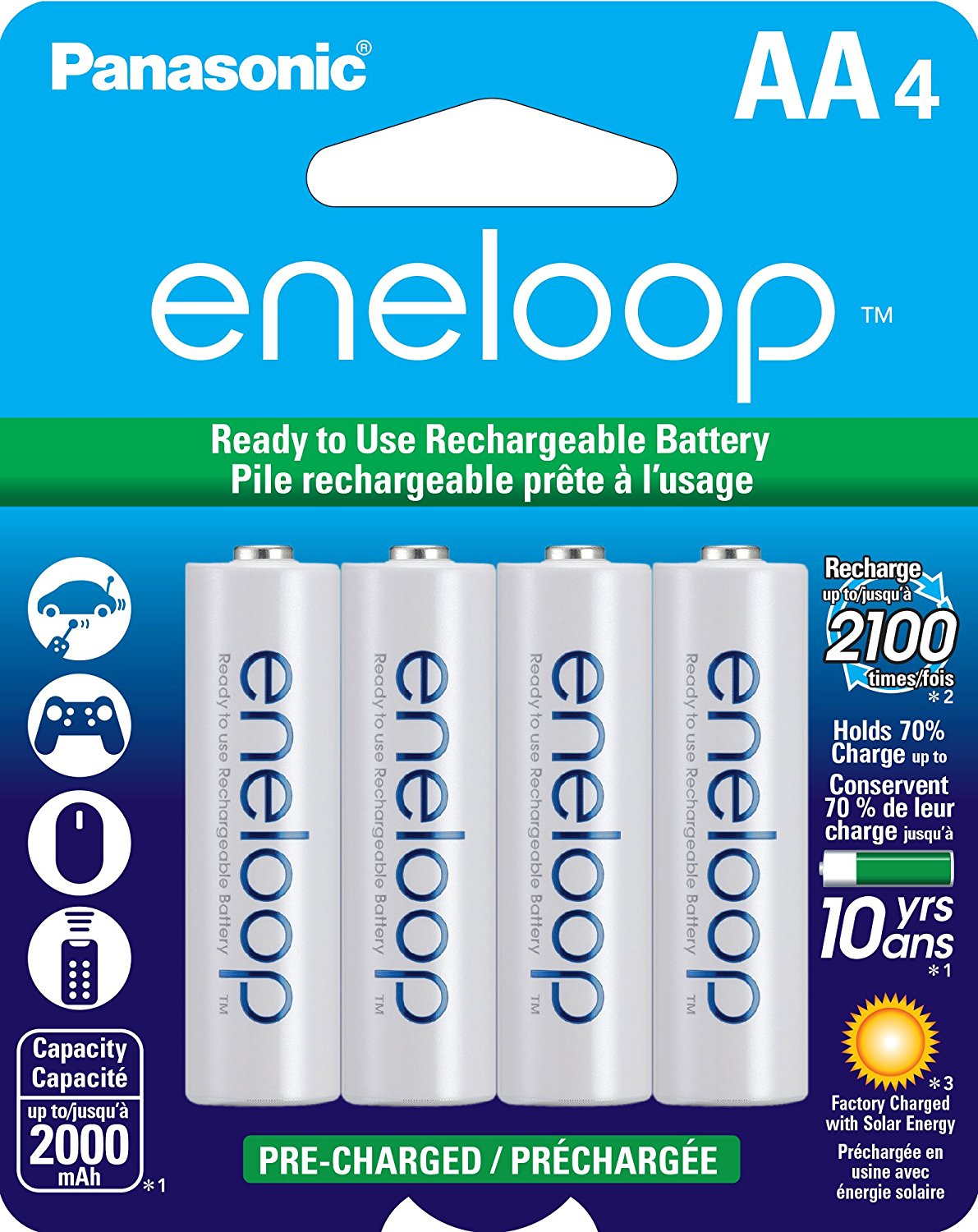 Panasonic BK3MCCA4BF Eneloop AA New 2100 Cycle Ni-MH Pre-Charged Rechargeable Batteries, 4-Pack - Damged Box