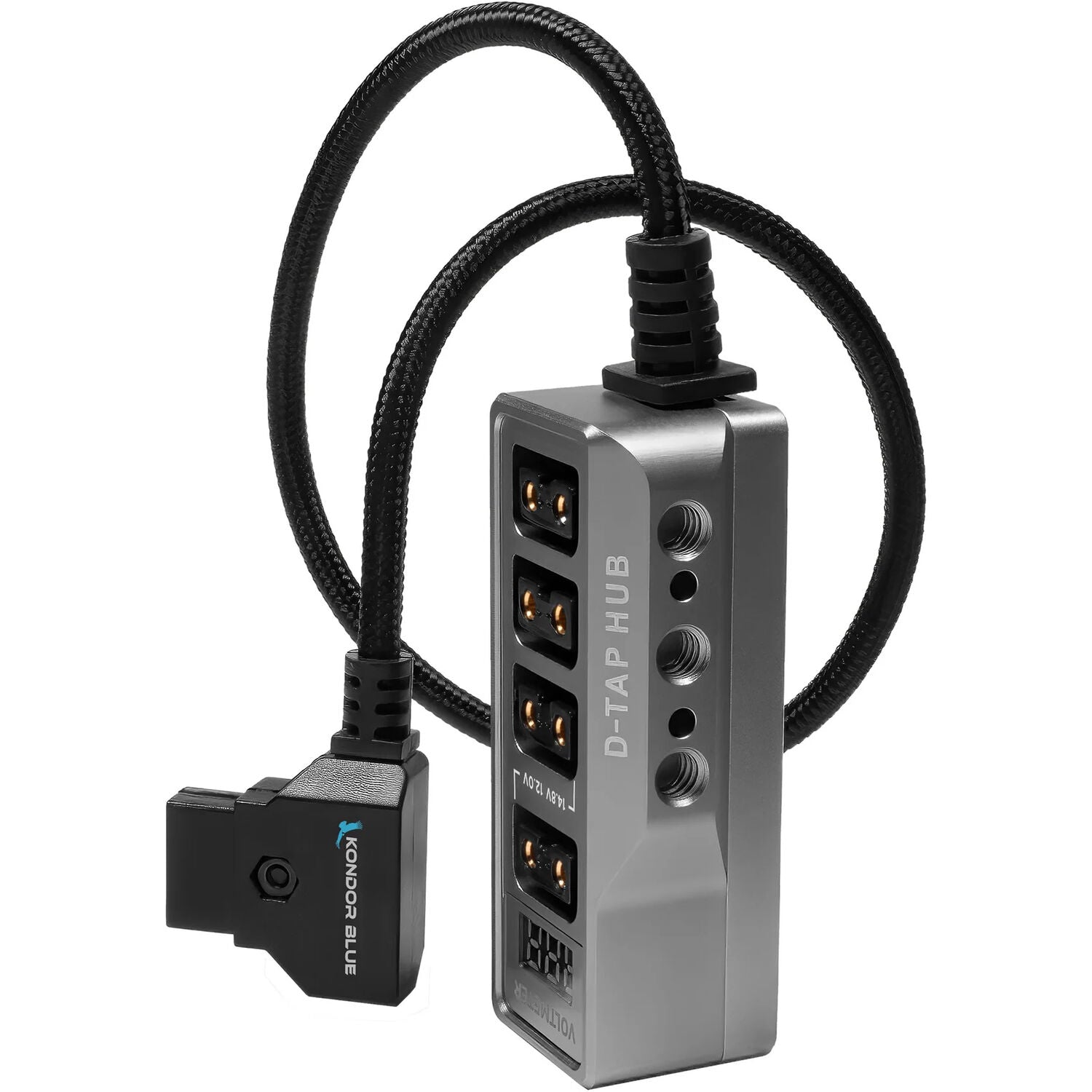 Kondor Blue 12V Metal D-Tap Hub Voltmeter 4 Way Port Power Tap Splitter (1/4”-20 Threads)