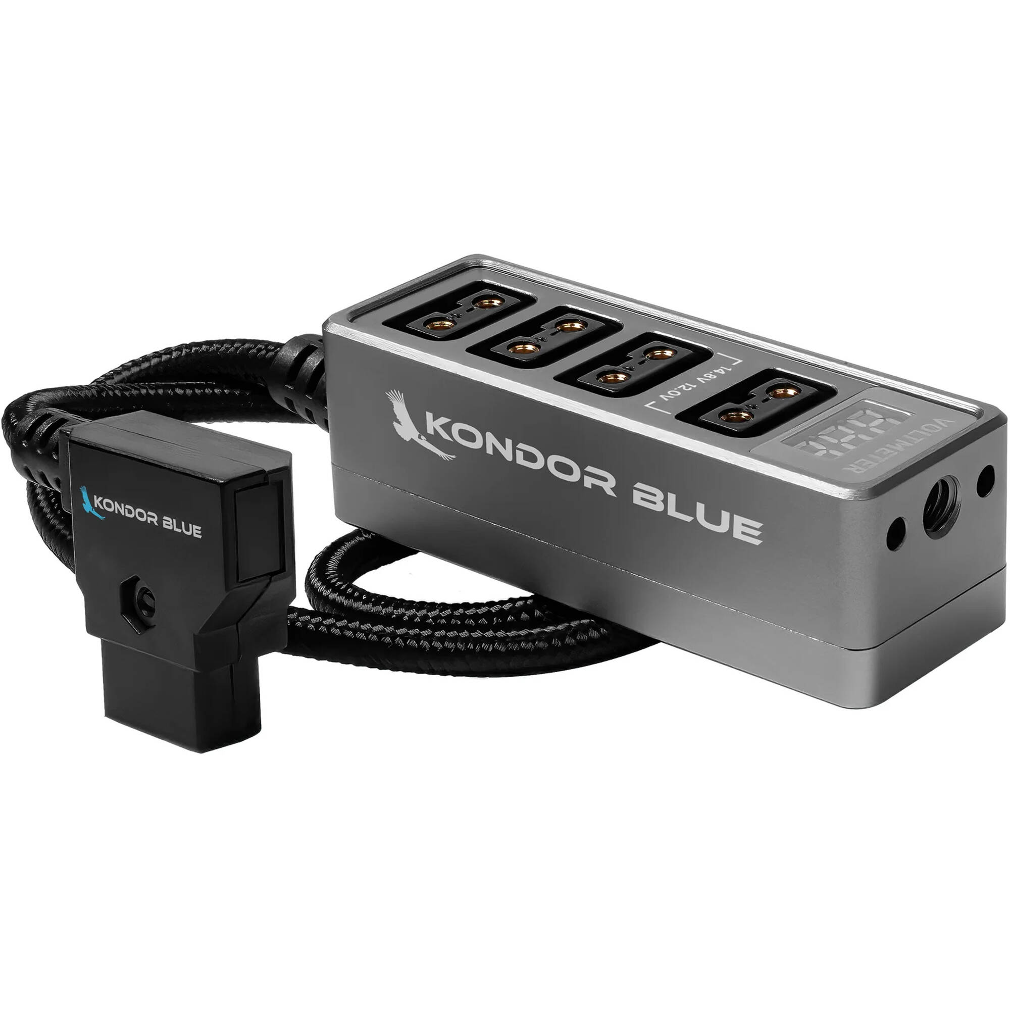 Kondor Blue 12V Metal D-Tap Hub Voltmeter 4 Way Port Power Tap Splitter (1/4”-20 Threads)