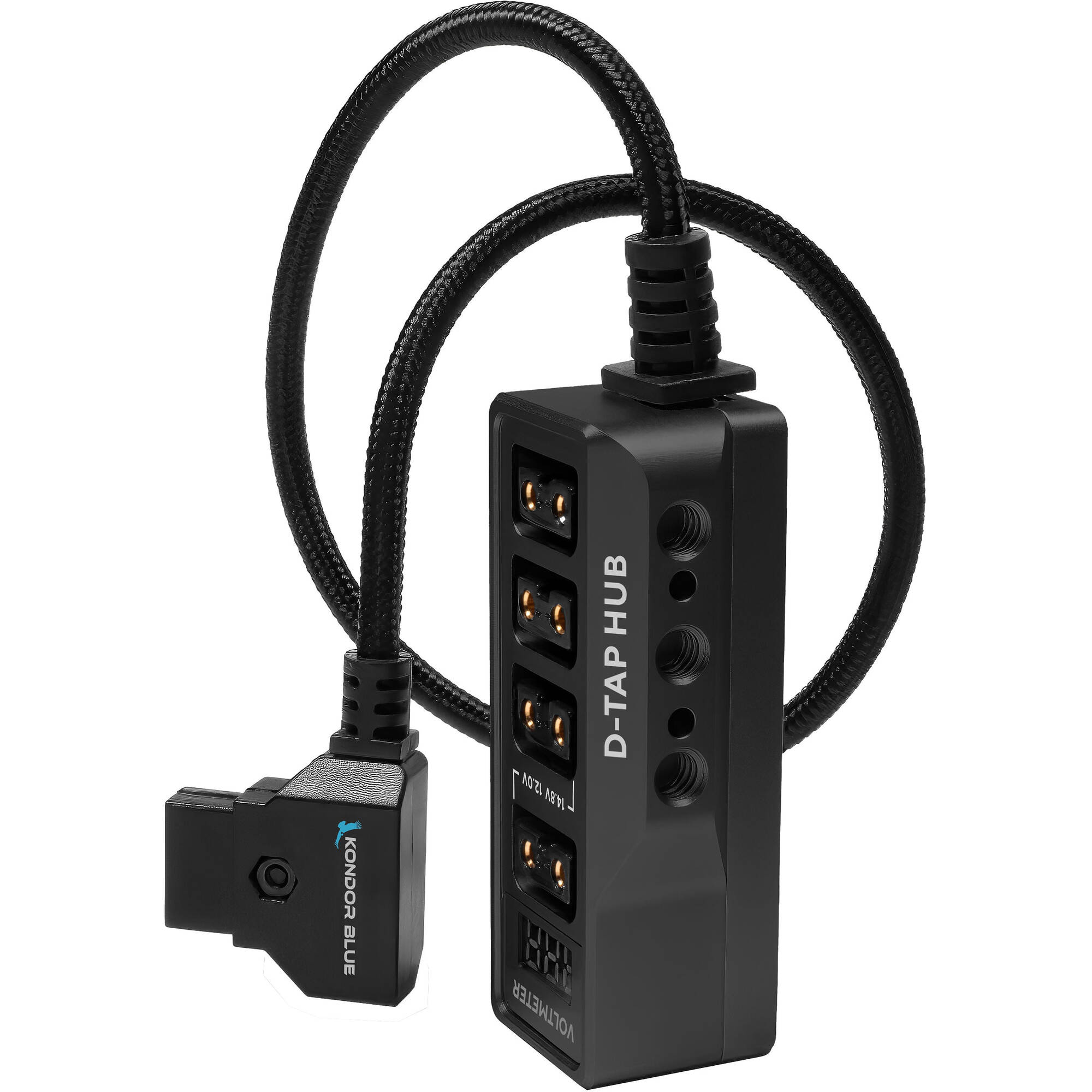 Kondor Blue 12V Metal D-Tap Hub Voltmeter 4 Way Port Power Tap Splitter (1/4”-20 Threads) (Raven Black)