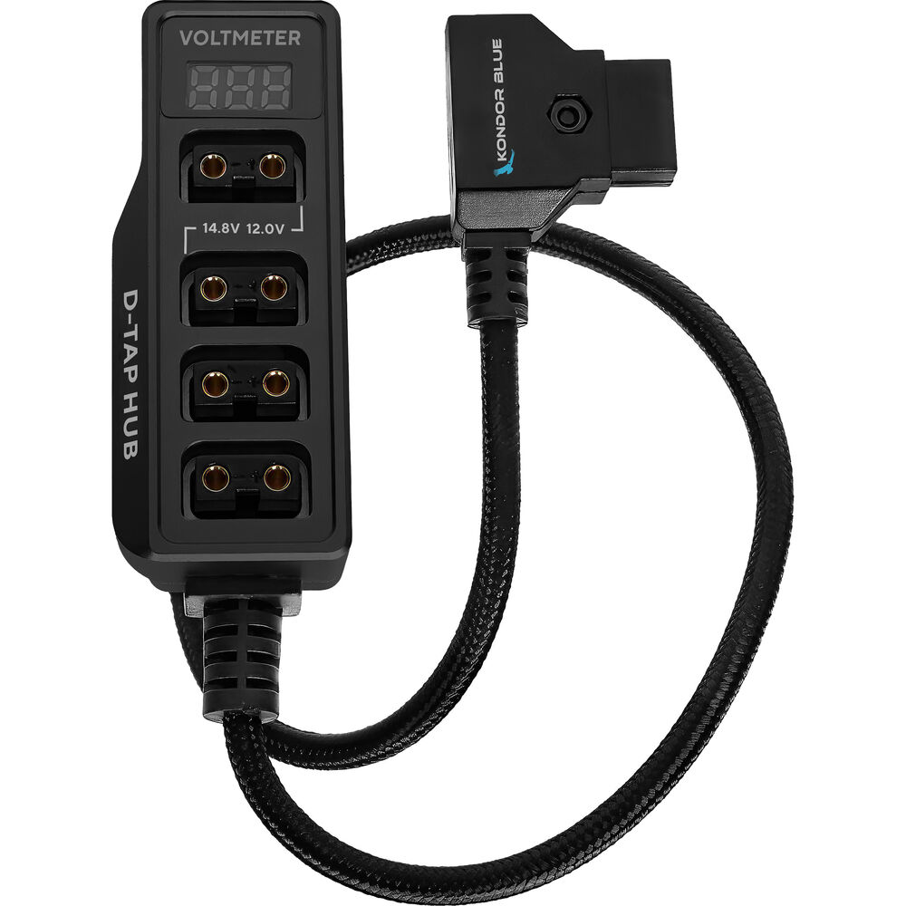 Kondor Blue 12V Metal D-Tap Hub Voltmeter 4 Way Port Power Tap Splitter (1/4”-20 Threads) (Raven Black)