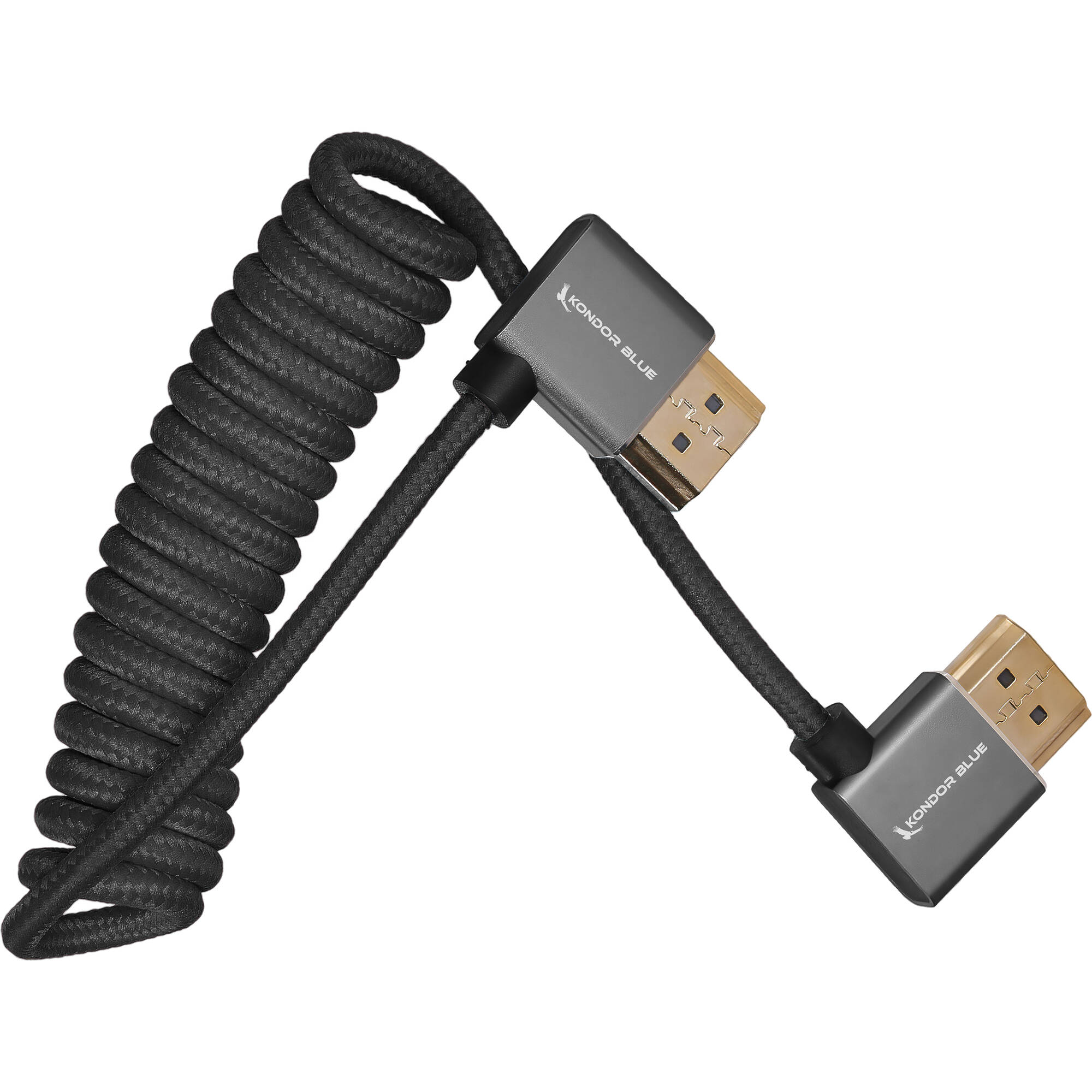 Kondor Blue RIGHT ANGLE FULL HDMI CABLE FOR ON-CAMERA MONITORS 12"-24" BRAIDED COILED (Raven Black)