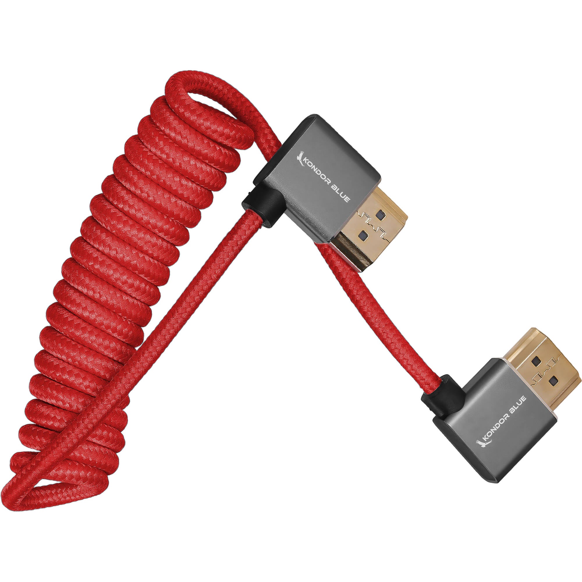 Kondor Blue RIGHT ANGLE FULL HDMI CABLE FOR ON-CAMERA MONITORS 12"-24" BRAIDED COILED (Cardinal Red)