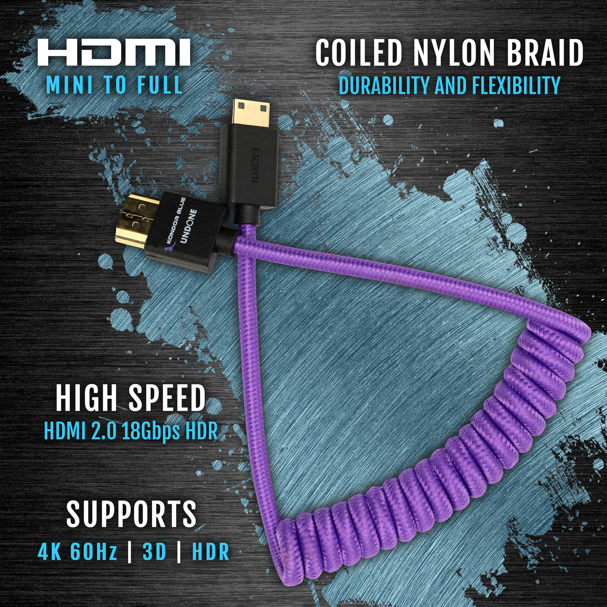 Kondor Blue Gerald Undone MK2 Câble mini HDMI vers HDMI complet 30,5 - 61 cm enroulé (violet)