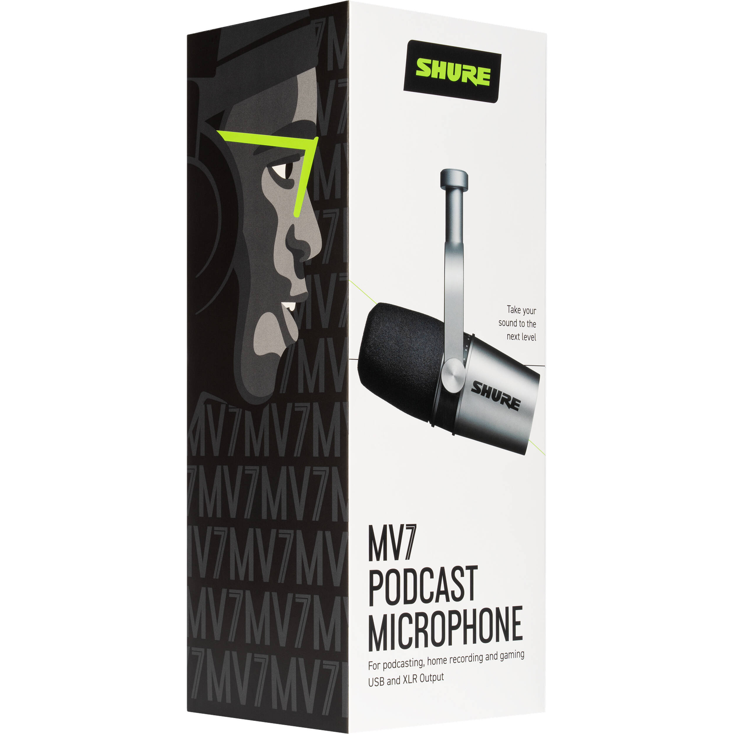 Microphone de podcasting argenté Shure avec câbles USB-A et USB-C
