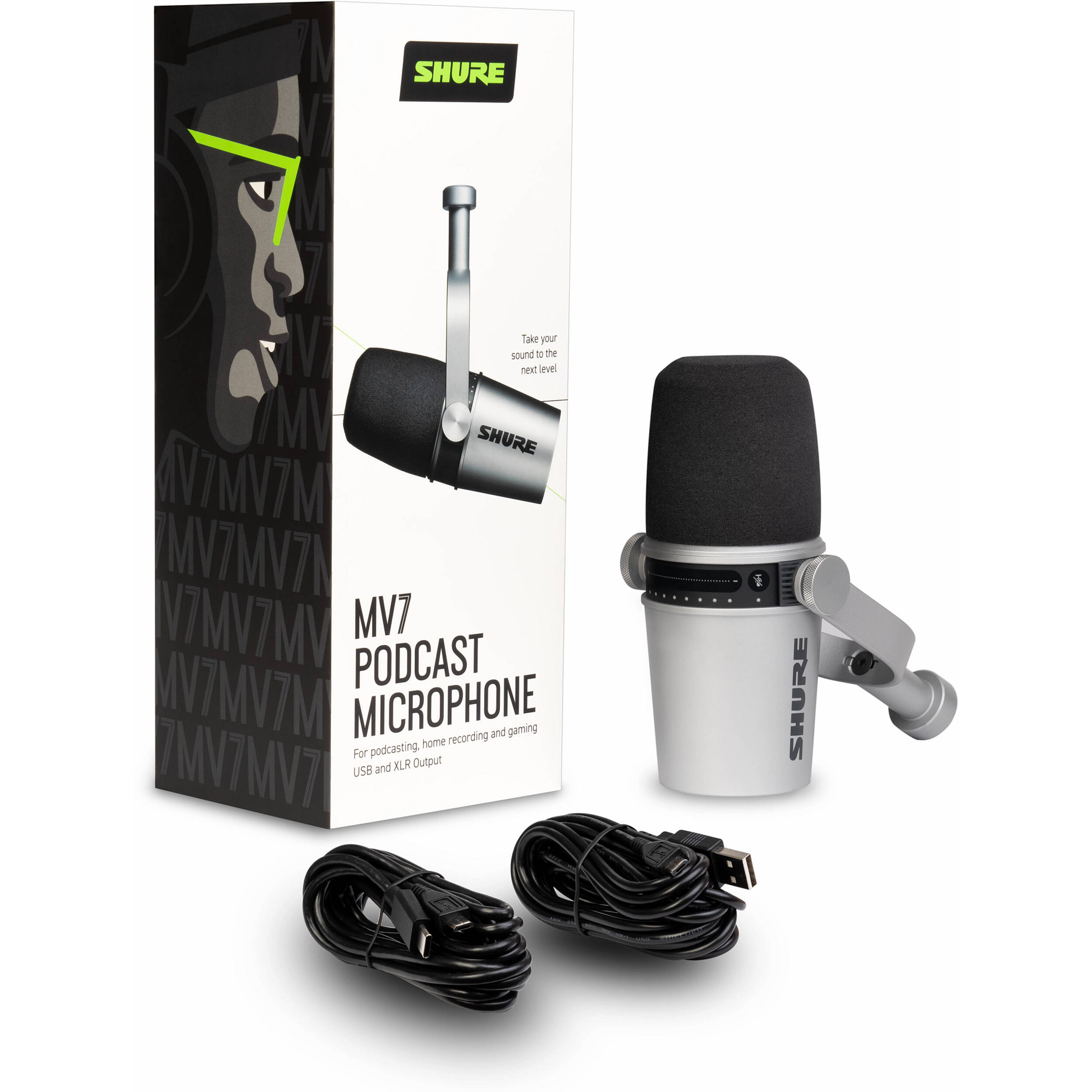 Microphone de podcasting argenté Shure avec câbles USB-A et USB-C