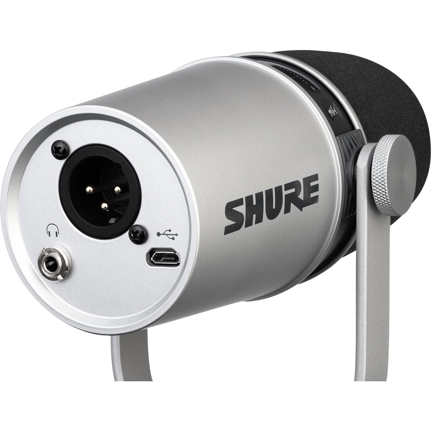 Microphone de podcasting argenté Shure avec câbles USB-A et USB-C