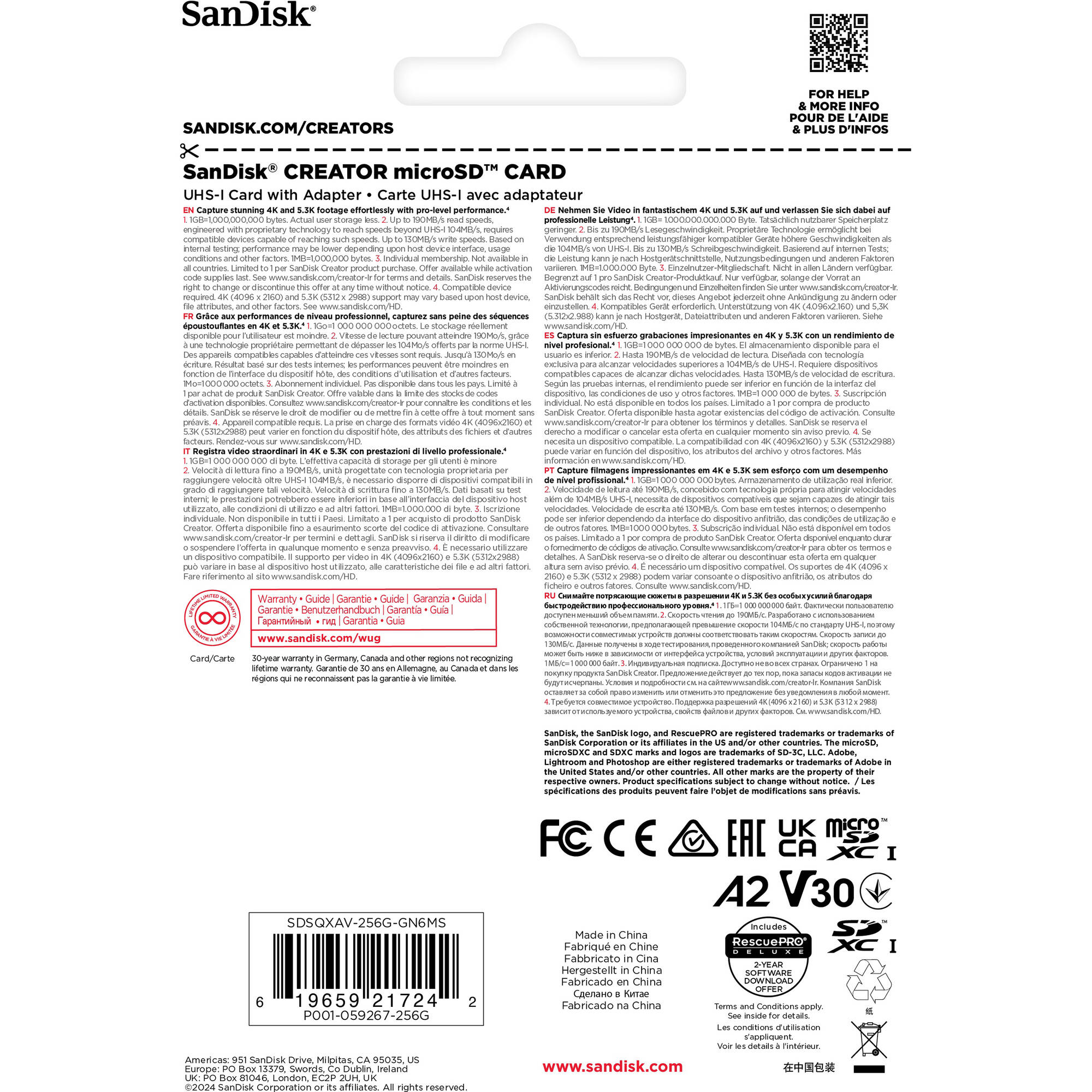 Carte mémoire microSDXC UHS-I SanDisk Creator Series 256 Go avec adaptateur SD
