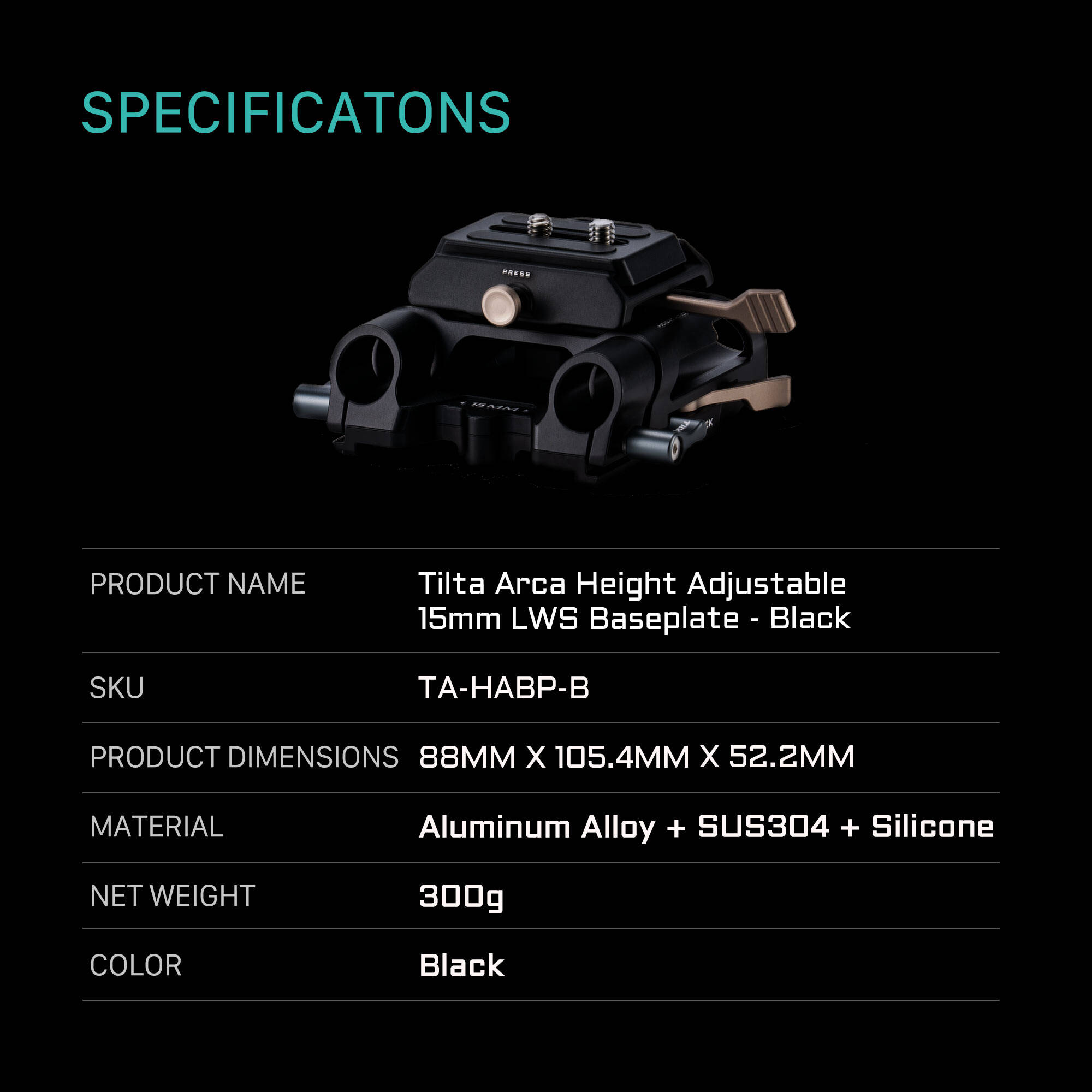 Tilta Height-Adjustable Arca-Type 15mm LWS Baseplate (Black)