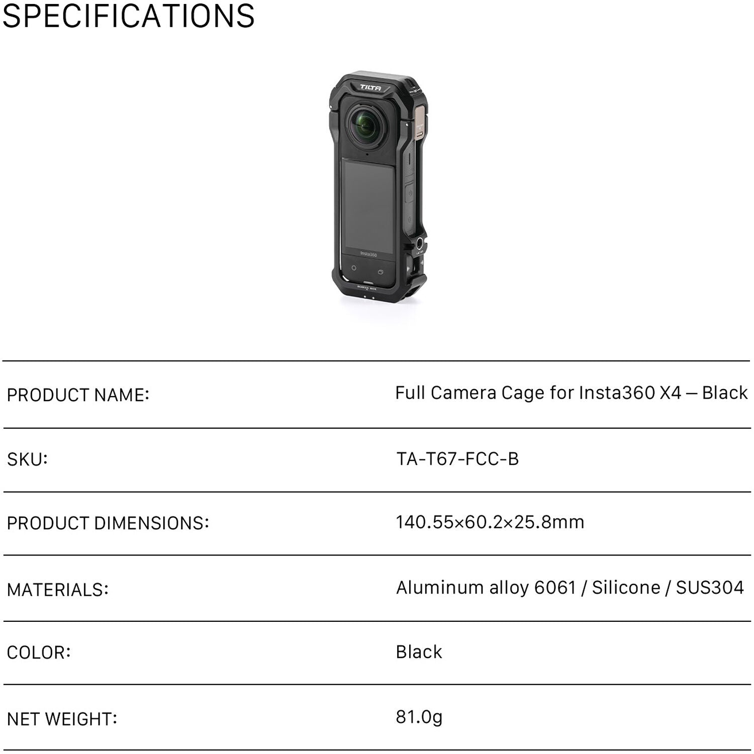 Tilta Full Camera Cage for Insta360 X4 (Black)