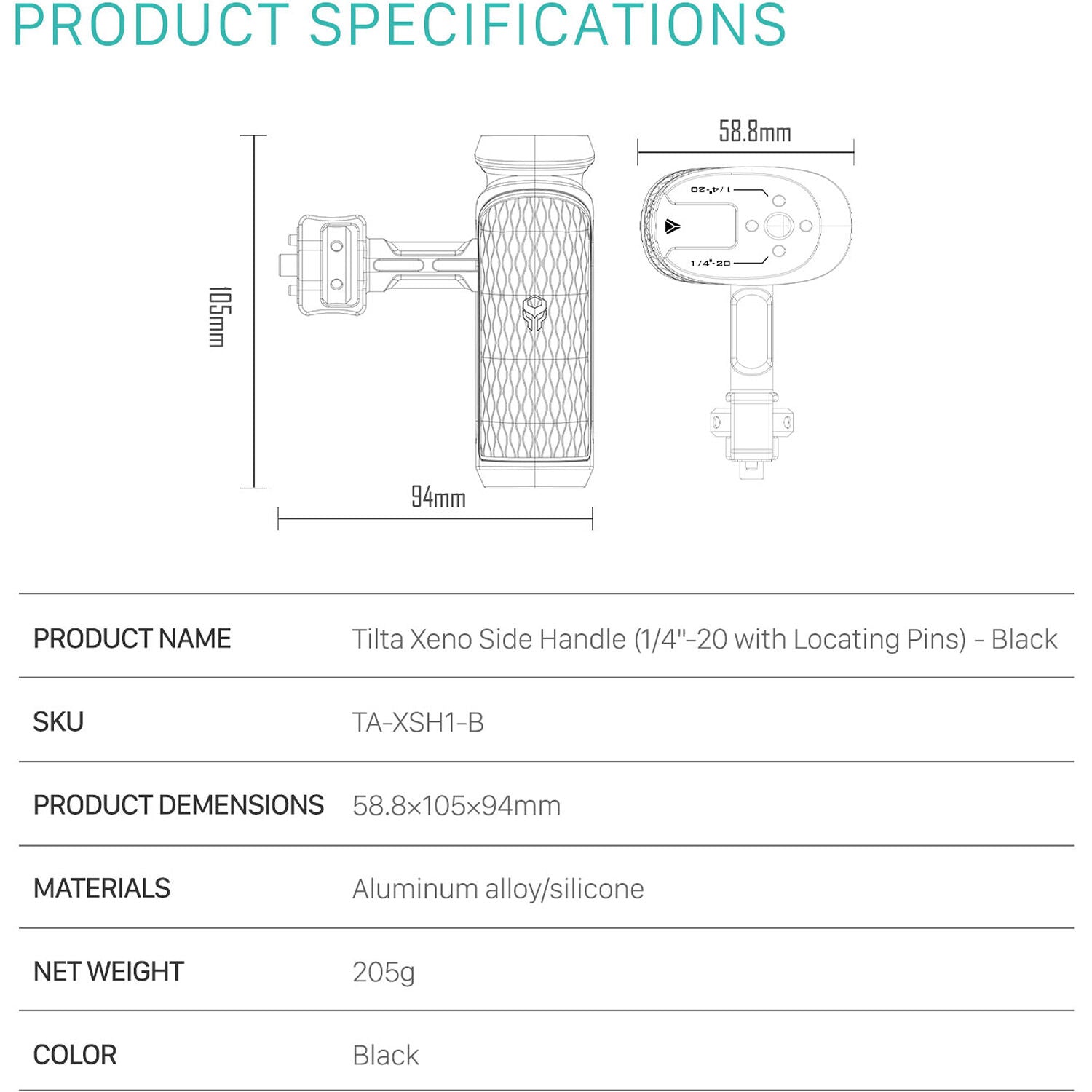 Tilta Xeno Side Handle with Anti-Twist 1/4"-20 Mount (Black)