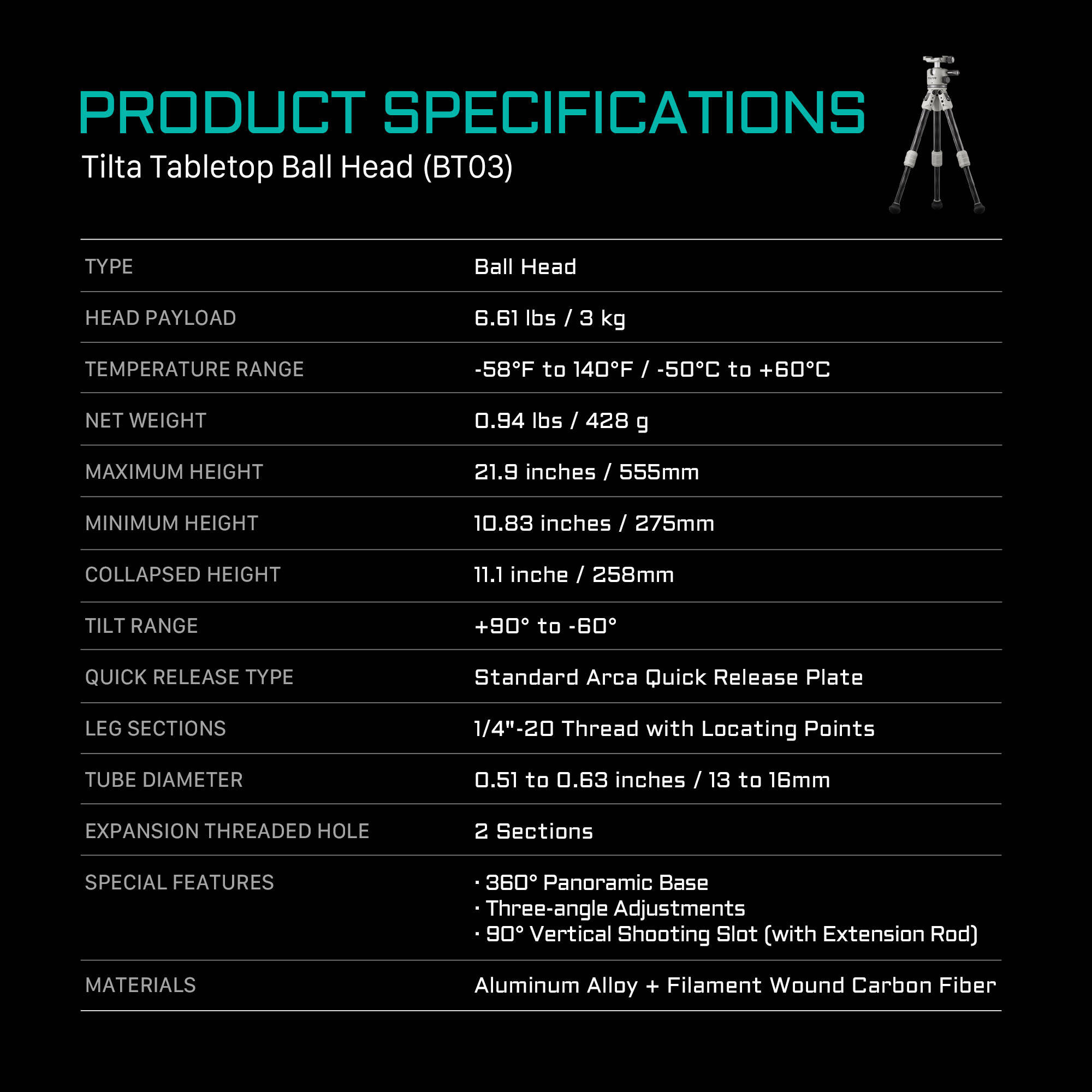 Tilta BT03 Carbon Fiber Tabletop Tripod with Ball Head (Snow White)