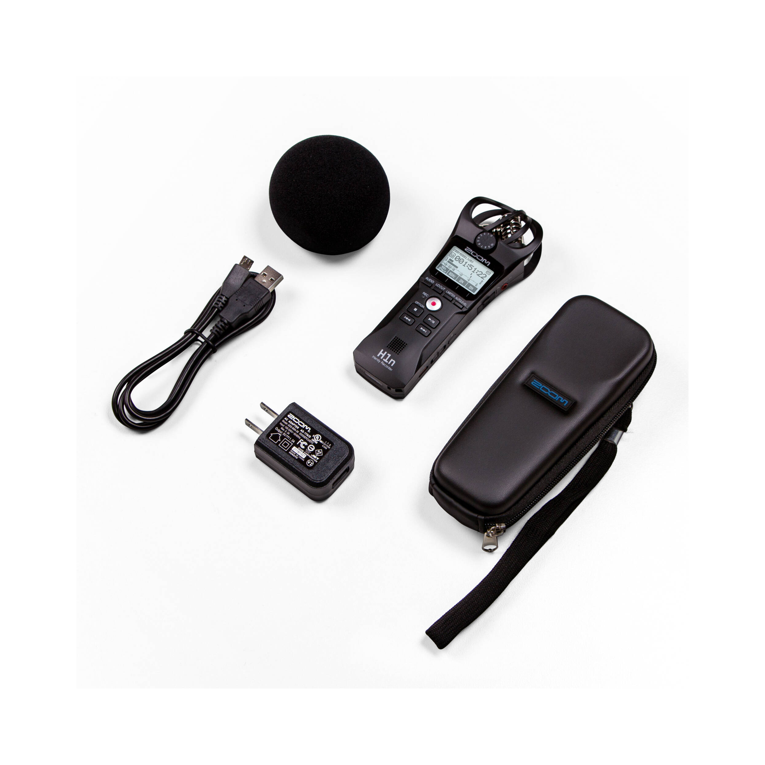 Zoom Enregistreur pratique portable H1N-VP avec pare-brise, adaptateur AC, câble USB et boîtier ouvert