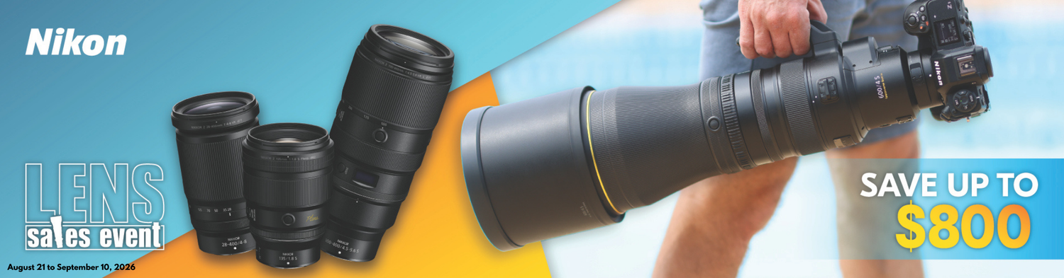 Nikon lens sales event banner featuring four camera lenses and a person holding a large lens with a camera, savings up to $800