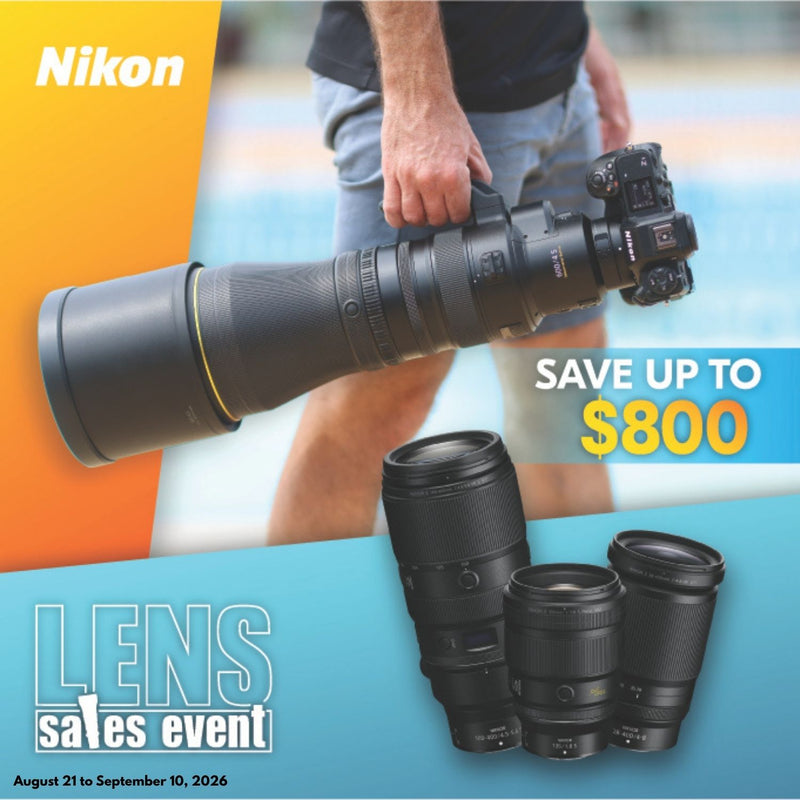 Nikon lens sales event banner featuring four camera lenses and a person holding a large lens with a camera, savings up to $800