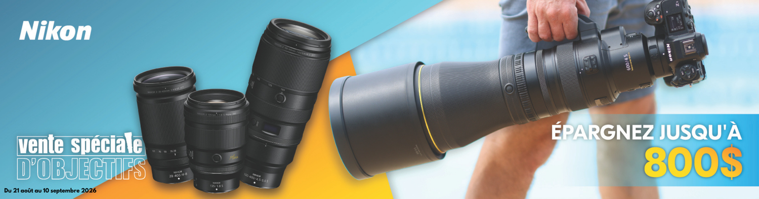 Bannière de l'événement de vente d'objectifs Nikon présentant quatre objectifs d'appareil photo et une personne tenant un gros objectif avec un appareil photo, économies allant jusqu'à 800 $.