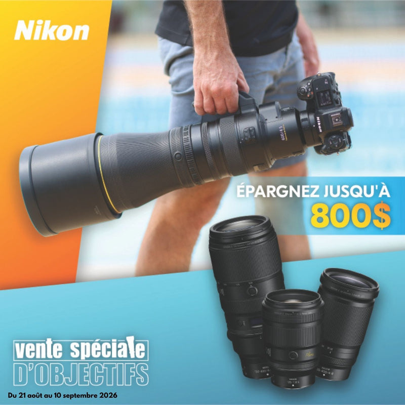 Bannière de l'événement de vente d'objectifs Nikon présentant quatre objectifs d'appareil photo et une personne tenant un gros objectif avec un appareil photo, économies allant jusqu'à 800 $.