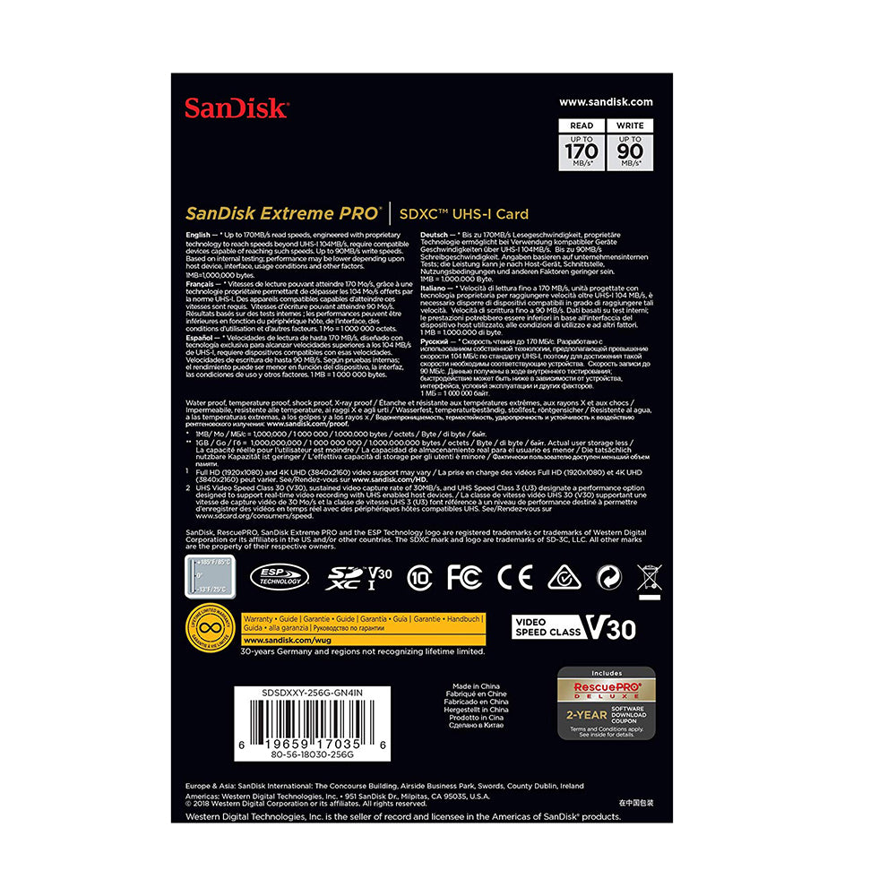 SanDisk 256GB Extreme Pro SDXC UHS-I U3 V30 Memory Card