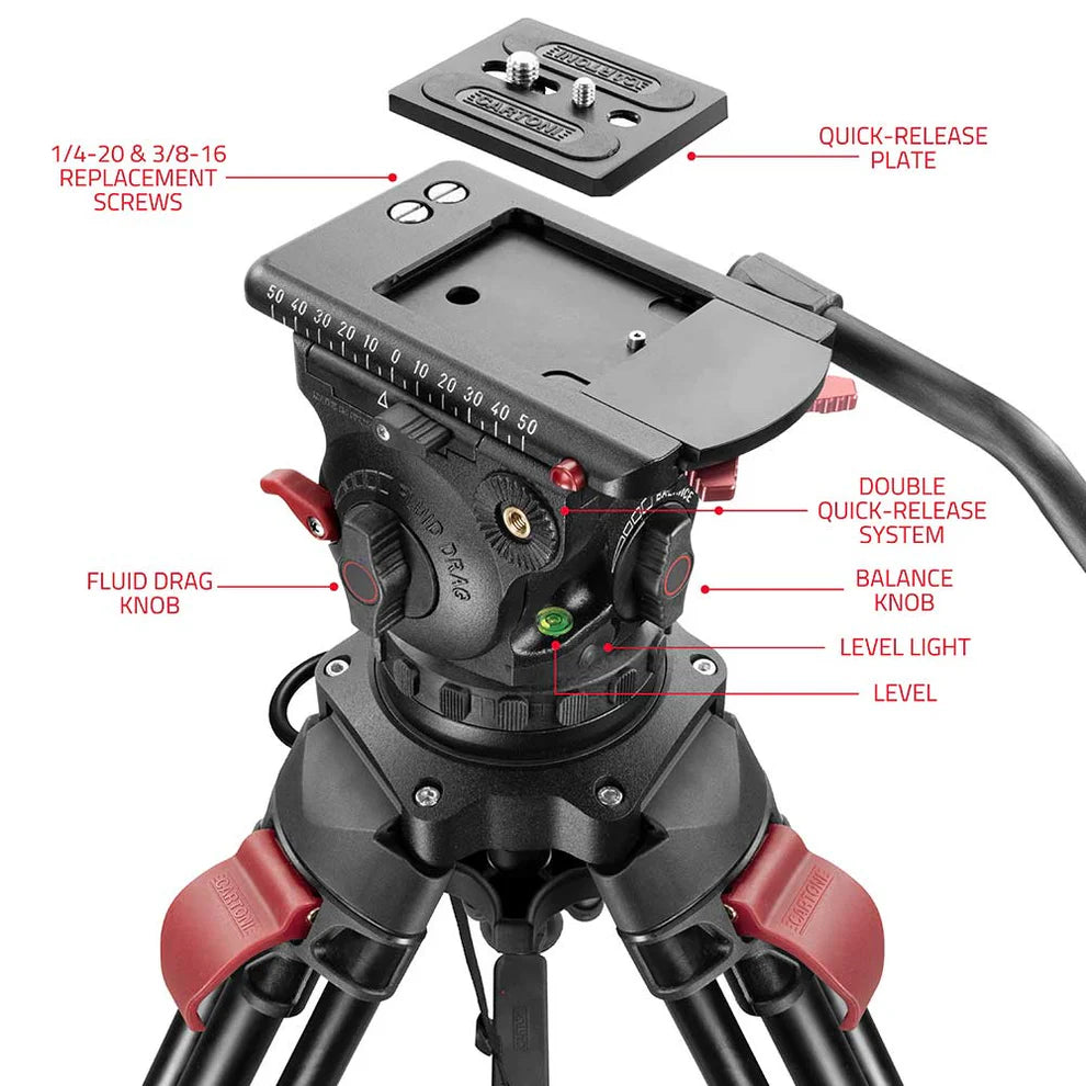 SHAPE FOCUS 12 Tripod + Mid-Level Spreader + Fluid Head with Red Lock Legs