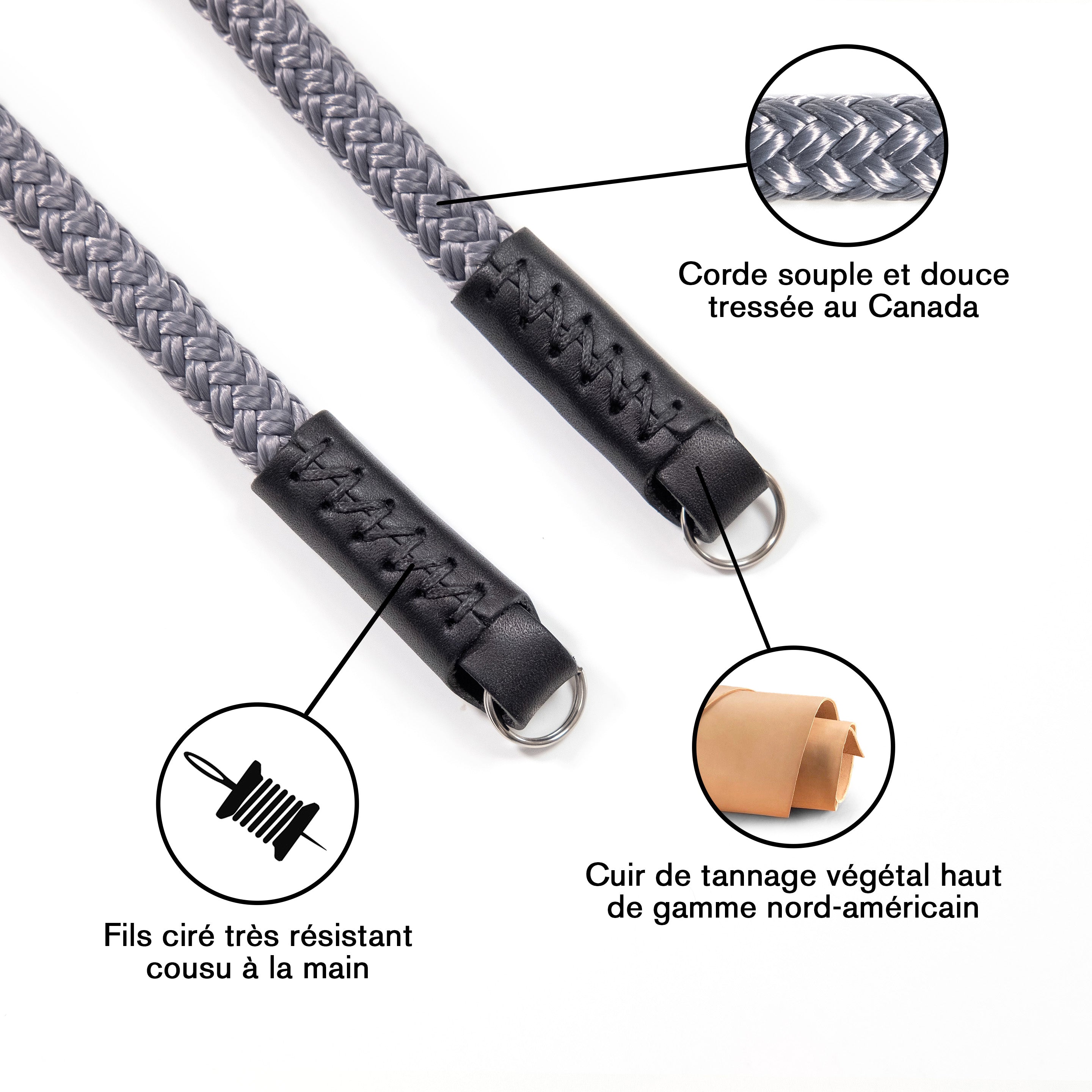 Fab' F8 strap - Grey rope, black leather - Size M-L (47")