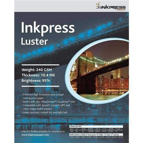 Inkpress PCL46100 Luster, Single Sided Inkjet Paper, 240gsm, 10.4 mil., 4 x 6 inches, 100 sheets